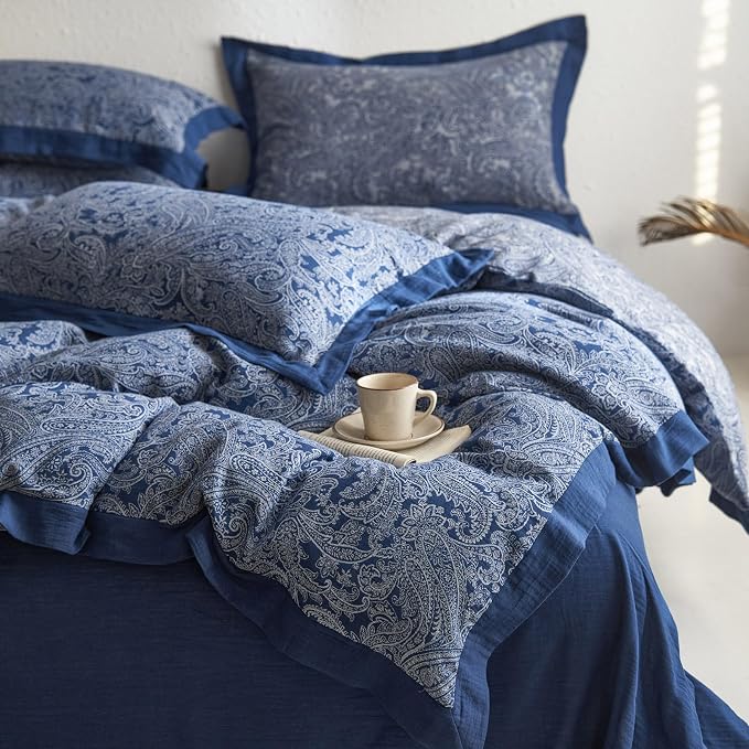 mixinni Muslin Cotton Vintage Navy Blue Paisley Floral Duvet Cover Queen Size - Image 3