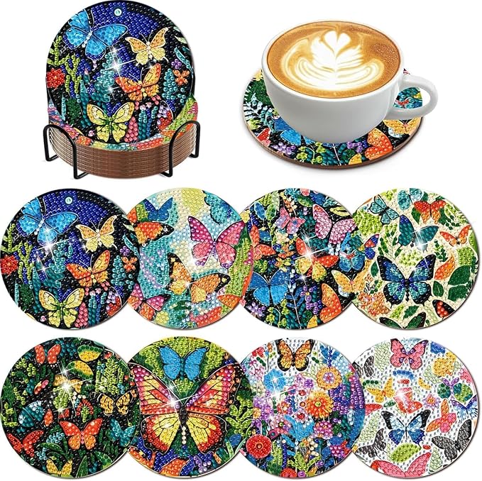 EWJRNSF 8 PCS Butterfly Diamond Art Coasters Kit Without Holder by EWJRNSFDiamondPainting