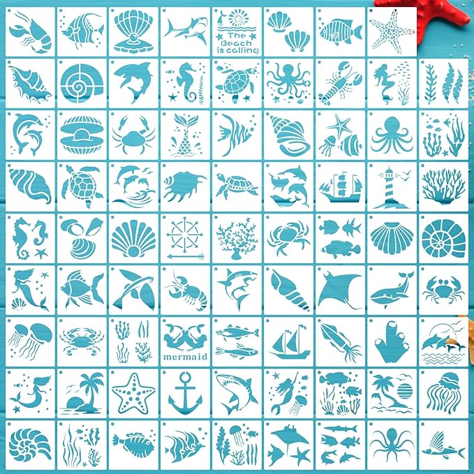 80 Pcs 3 x 3 Inch Stencils for Painting on Wood, Reusable Sea Ocean Creatures by DZXCYZ