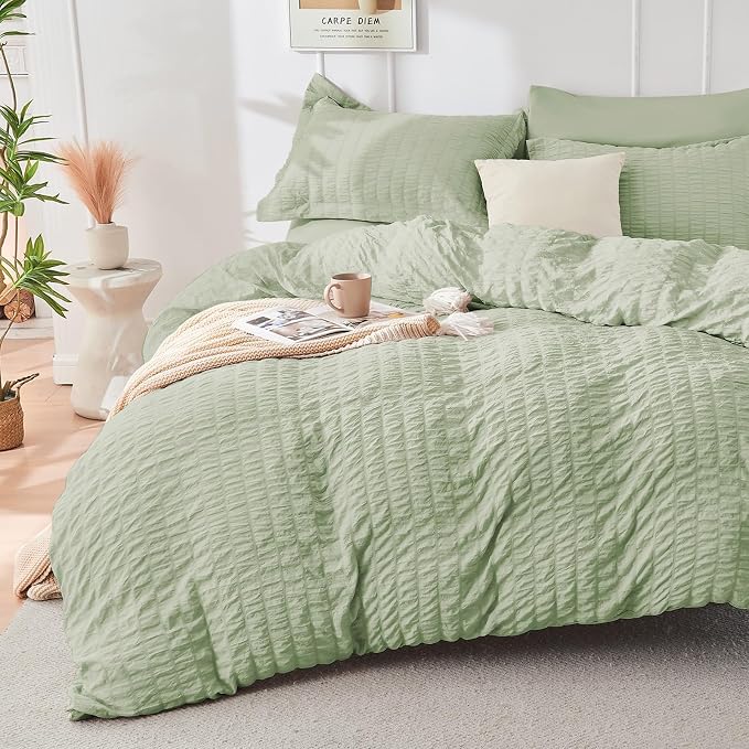 HYMOKEGE Light Green Twin Comforter Set Seersucker 5 Pieces, All Season Luxury - Image 2