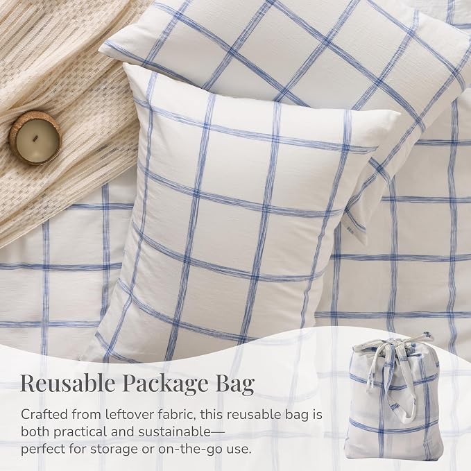 Blue Plaid Twin Duvet Cover, 100% Soft Washed Cotton Twin Size Duvet Cover Set - Image 6