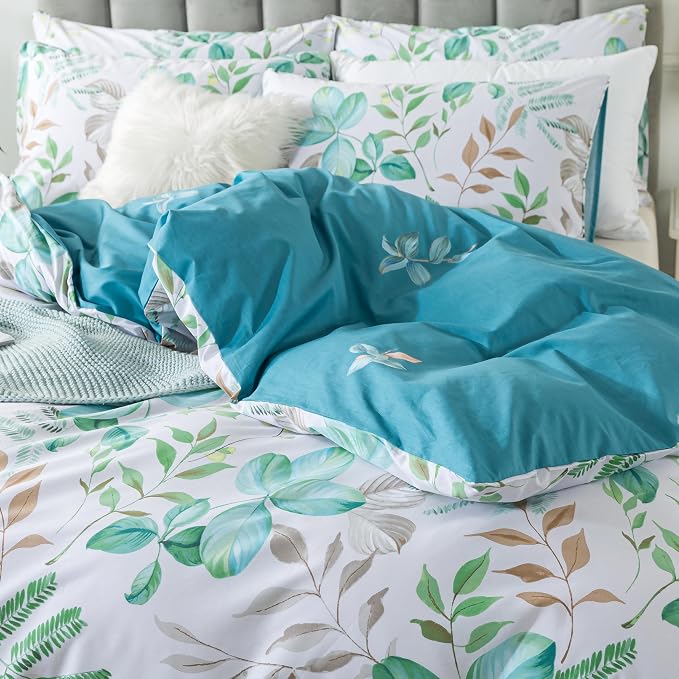 FADFAY Botanical Duvet Cover Sets Twin Size 100% Cotton Teal Green Leaves - Image 9
