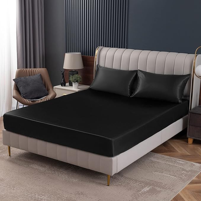 Homiest Black Satin Fitted Sheet Full Size Deep Pocket Luxury & Ultra Soft by Homiest