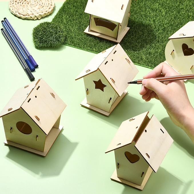 6 Sets 6 Styles Breeding Box Theme Unfinished Wood Bird House Hollow Star - Image 5