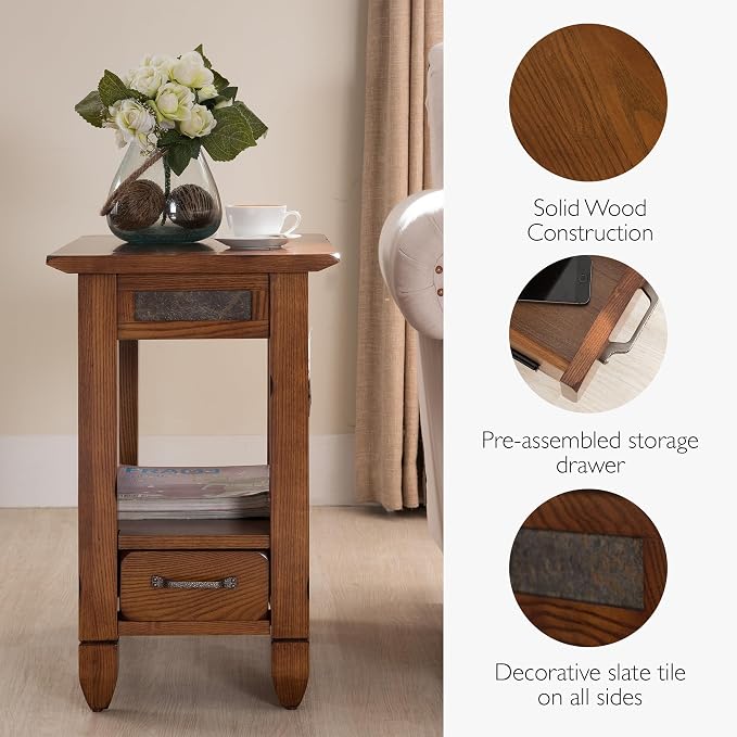 Leick Home Sibley End Table, Solid Wood, 1 Storage Drawer, Slate Tile Details - Image 5