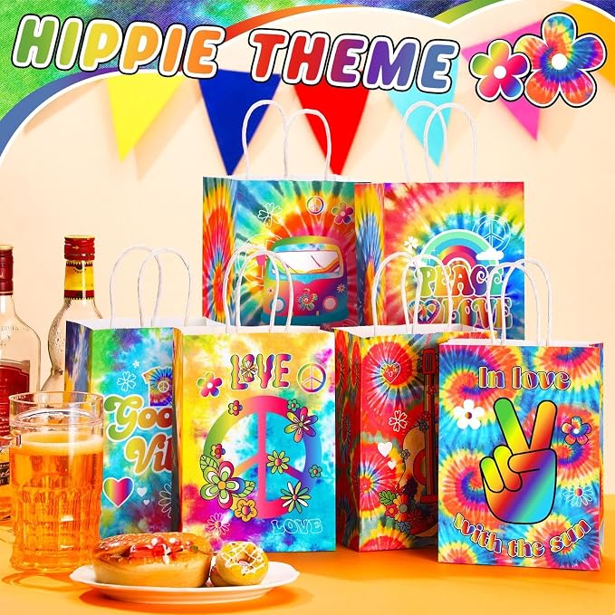 Kolldenn 24 Pcs Tie Dye Party Favor Bags Hippie Goodie Gift Paper Bags - Image 3