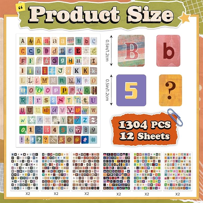 1304 Pcs Letter Stickers for Scrapbook Supplies, Vintage Alphabet Stickers | 12 - Image 2