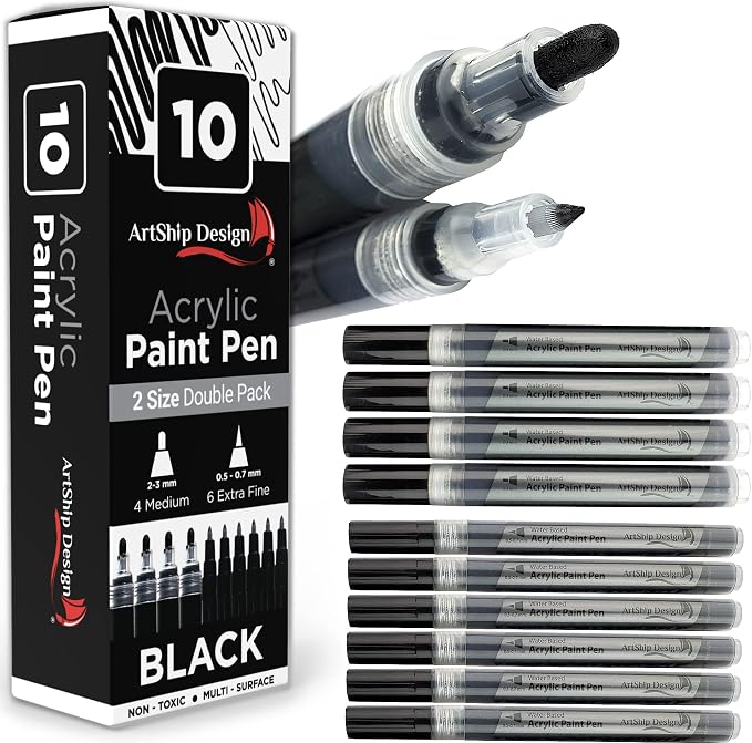 ArtShip Design 10 Black Acrylic Paint Pens, Double Pack of Both Extra Fine and by ArtShipDesign