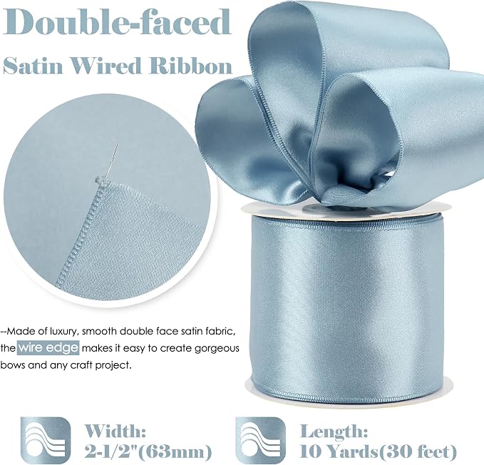 HUIHUANG Dusty Blue Satin Wired Ribbon 2.5 inch Blue Double-Faced Satin Wired - Image 2