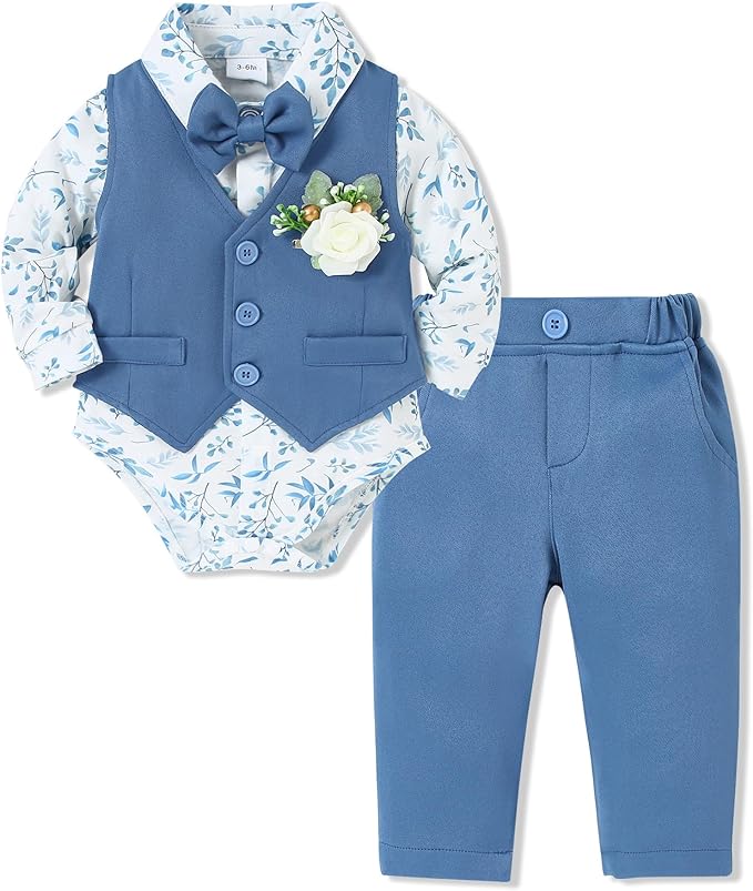 SANMIO Baby Boy Clothes Suits Infant Gentleman Outfit Collared Dress Shirt+Vest+Tie+Corsage+Pants 5Pcs Baby Suit Sets