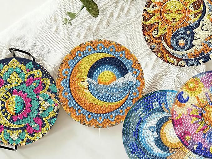 8 PCS Diamond Art Coasters Kits Sun and Month Diamond Painting Coaster | - Image 7