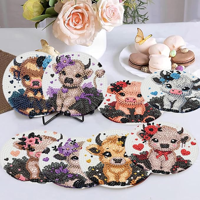 8 Pack Diamond Art Coasters, Highland Cow Diamond Painting Coasters Kits | Cow - Image 5