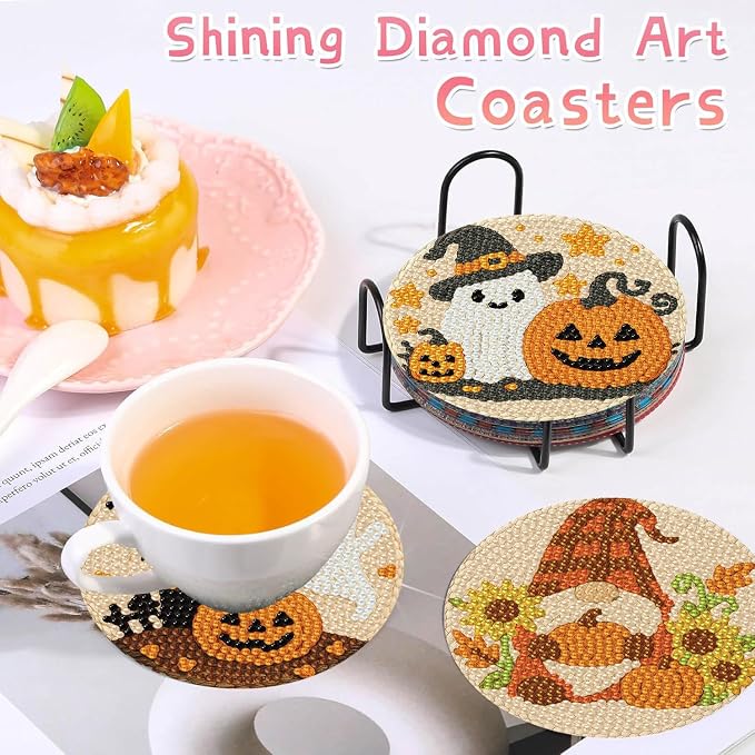 8 PCS Halloween Diamond Art Coasters Kits Cute Diamond Painting Coaster | - Image 6