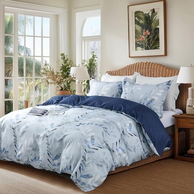 OAITE Duvet Cover Twin Size, Reversible Leaf Blue Duvet Cover Set - Image 3