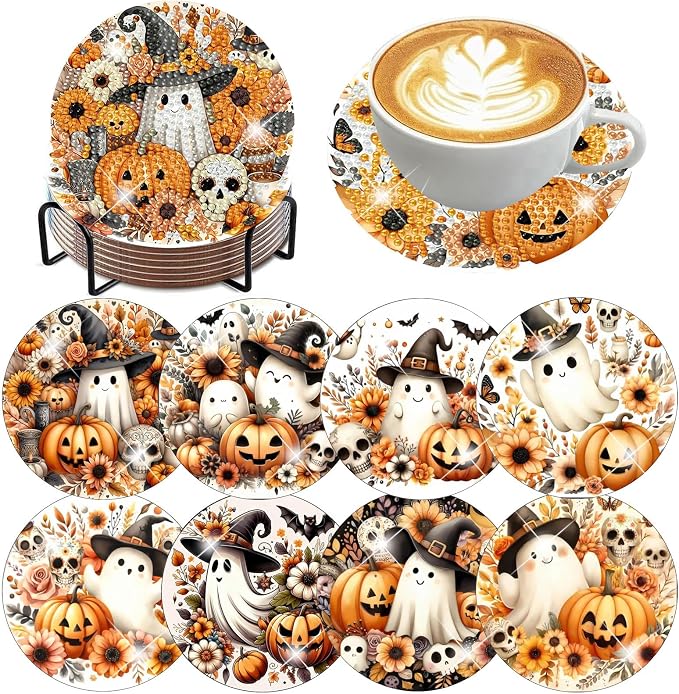 8 Pack Halloween Diamond Art Coasters, Ghost Diamond Painting Coasters Kits | by Zythron