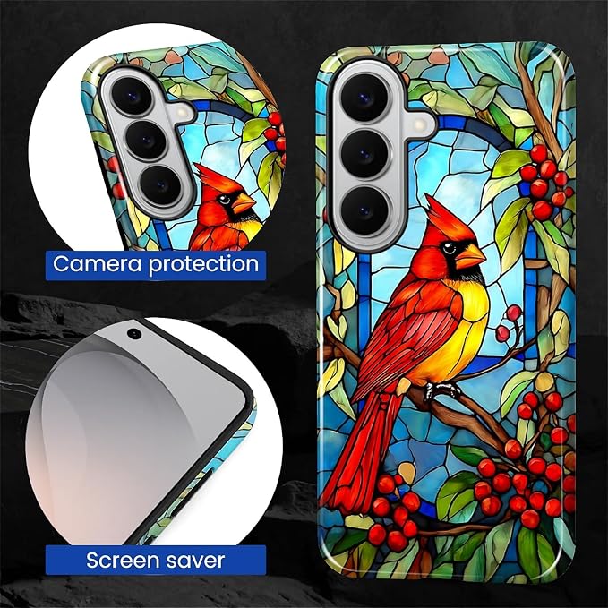 for Samsung Galaxy S26 Case, Stained Glass Cardinal Bird Pattern Glossy 2 in 1 - Image 5