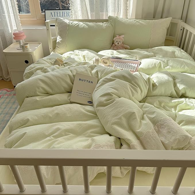 mixinni Green Gingham Duvet Cover Queen Size - Image 2