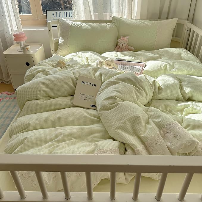 MKXI Mint Green Gingham Duvet Cover Set King - Image 3