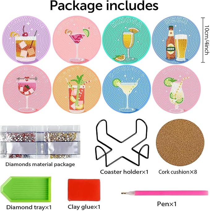 Benjenes 8 PCS Diamond Art Coasters Kits Cocktail Diamond Painting Coaster | - Image 3