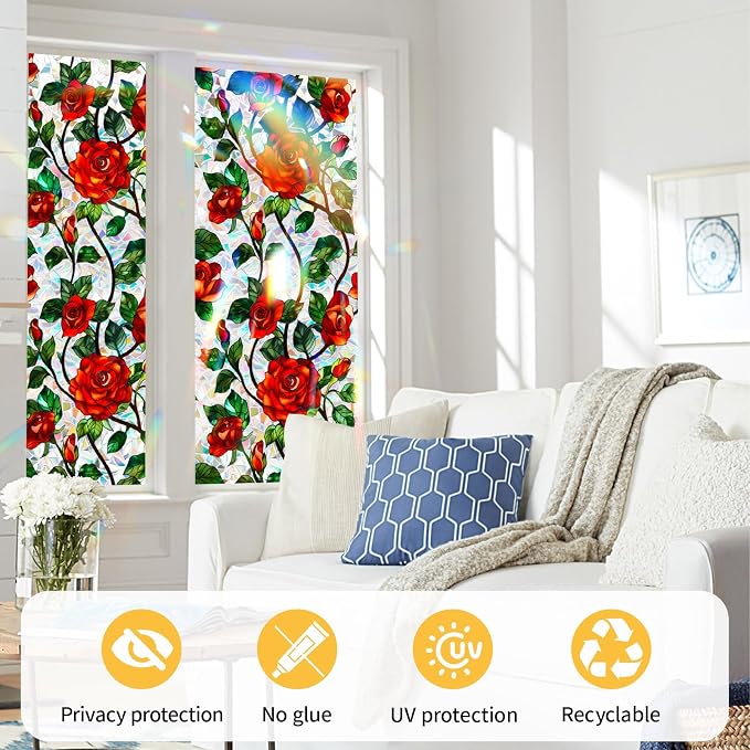 Bloss Rose Stained Glass Windows Film, 35.4x118 inch 3D Flower Privacy Window - Image 5