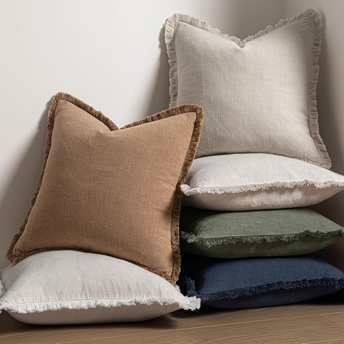 MIULEE Decorative Throw Pillow Covers Neutral Linen Fringe Throw Pillows Set of - Image 5
