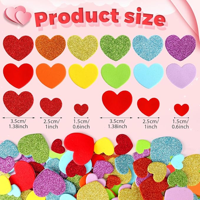600Pcs Glitter Foam Heart Stickers Valentines Day Love Sticker | 3 Sizes - Image 2