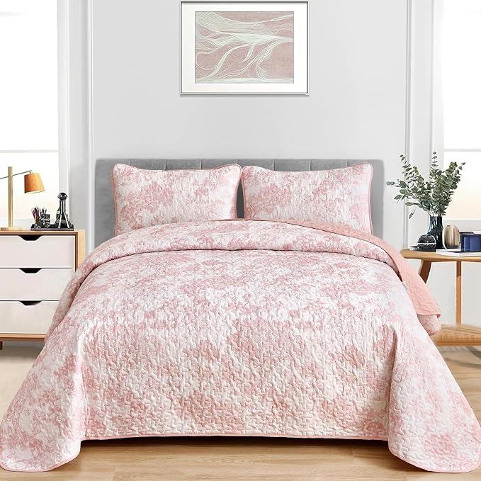 WONGS BEDDING Quilt Set King Size, 3 Pieces Pink Floral Plants Printed - Image 2