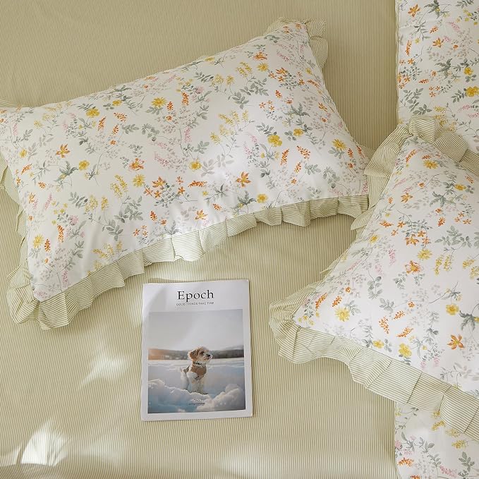 mixinni 100% Cotton Duvet Cover Set Queen, Reversible Spring Floral Ruffle - Image 6