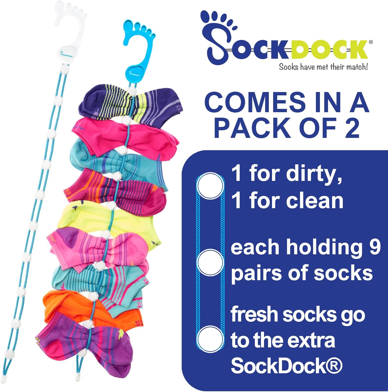 Sock Laundry Solution for Washing Drying & Storing Socks in Pairs, Clip & Hold Socks in Washer Dryer & Closet 2-Pack
