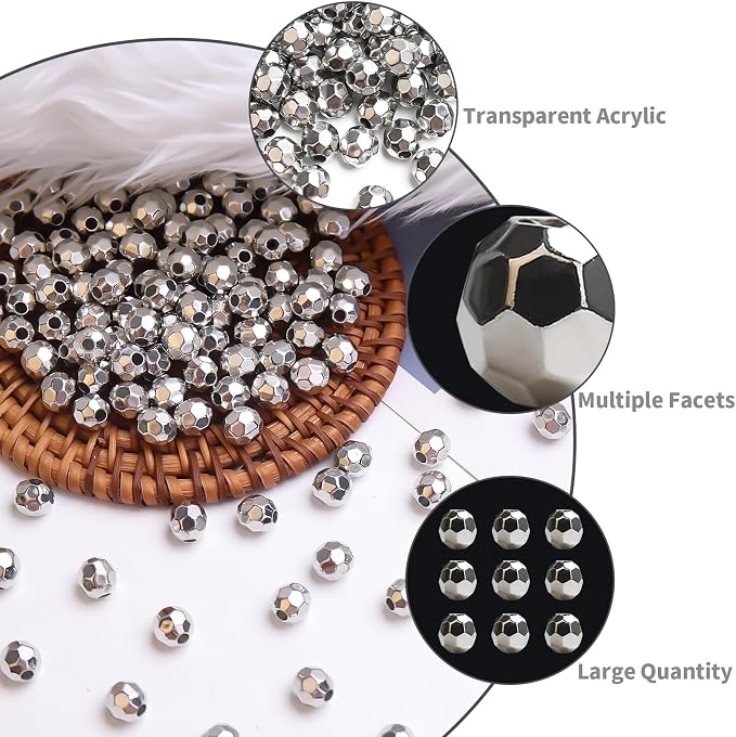 BONNY BOXX 500pcs 8mm Acrylic Faceted Round Crystal Beads Silver Loose Spacer - Image 2