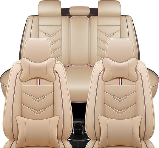 Leather Car Seat Covers Fit for LR Defender 2020-2025, 5 Seater Waterproof and Wear-Resistant Seat Cover Interior Accessories(Full Set with Pillow,Beige)