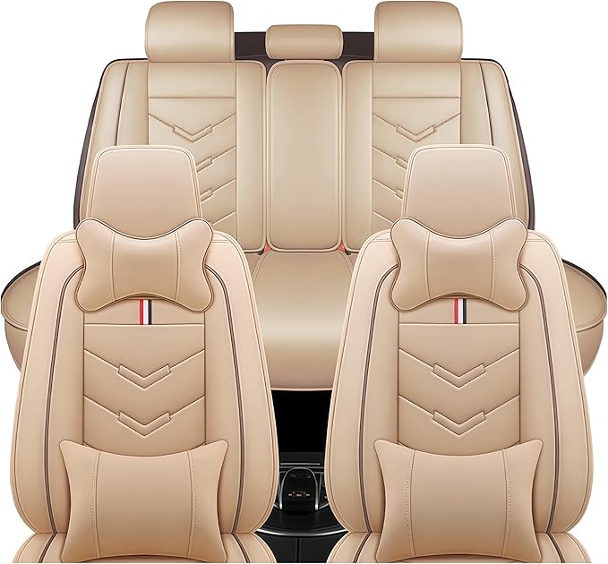 Leather Car Seat Covers Fit for LR Range Rover Sport 2023-2025, 5 Seater Waterproof and Wear-Resistant Seat Cover Interior Accessories(Full Set with Pillow,Beige)