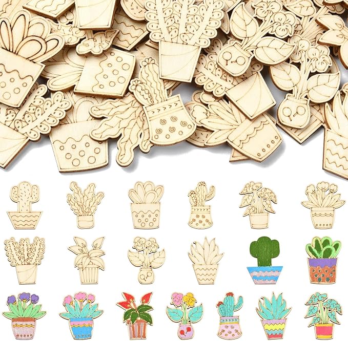 100 pcs Mixed Styles Cactus Potted Theme Unfinished Wood Cutout Charms Tropical by Gythara