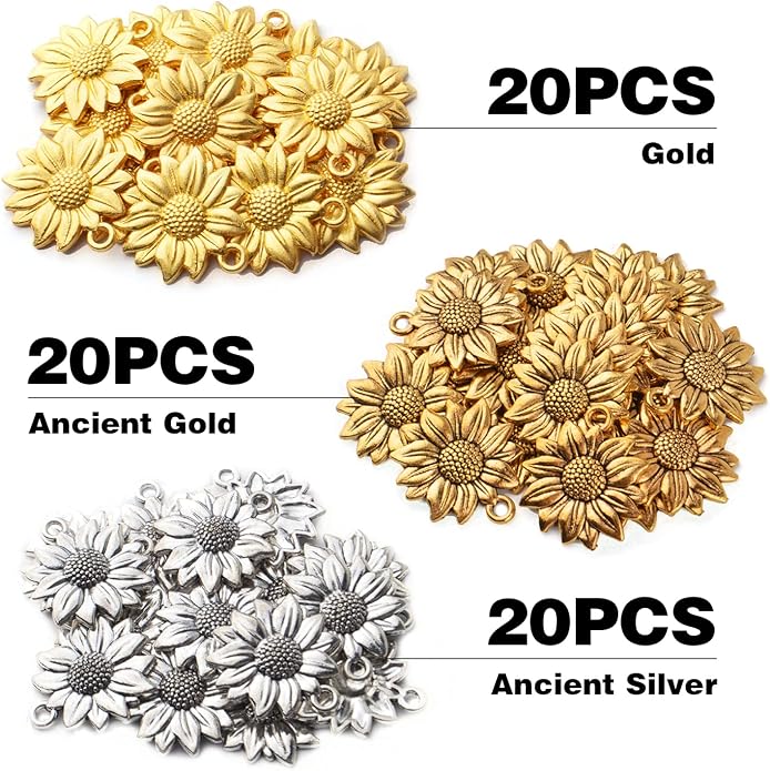 BronaGrand 60pcs Sunflower Pendant Charms Alloy Sunflower Bead Charms Flower - Image 2