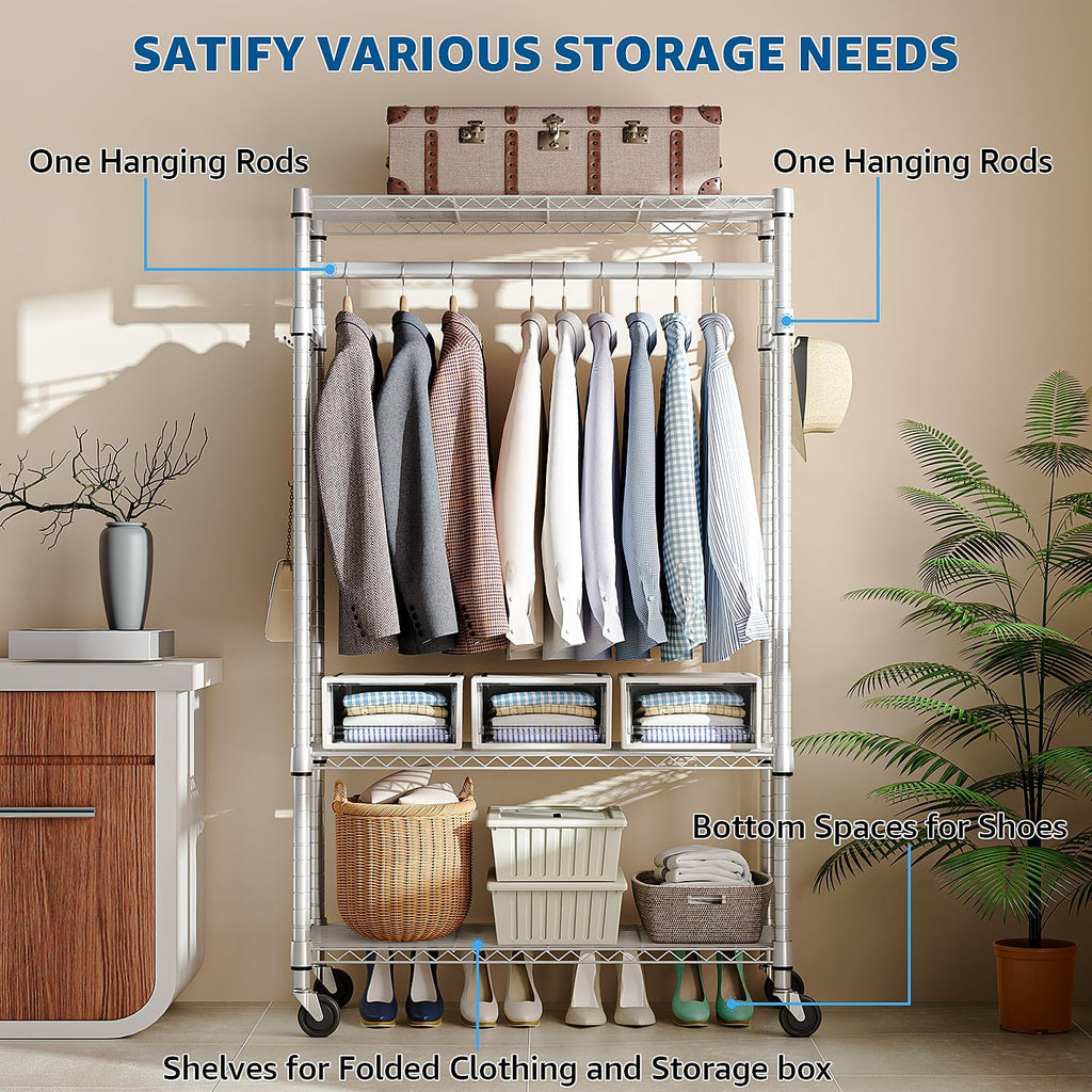 Heavy Duty Rolling Garment Rack 3 Tiers Adjustable Wire Shelving Clothes Rack with Rods and Side Hooks,Storage Closet Clothing Rack with Wheels White 15.7" D x 29.5" W x 74.5" H