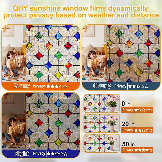 QHY Sunshine Colorful Rainbow Stained Glass Window Film Non-Adhesive Window - Image 4