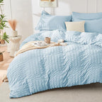 HYMOKEGE Lake Blue Duvet Cover King Size, Ultra Soft 3-Piece Seersucker Duvet by HYMOKEGE
