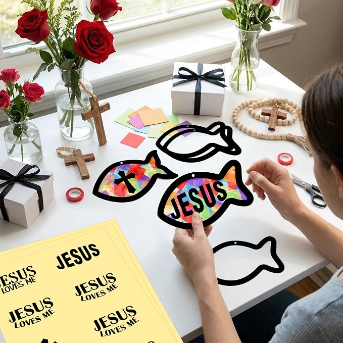 48PCS Sunday School VBS Crafts Bulk: Paper Jesus Fish Nativity Suncatchers - Image 6