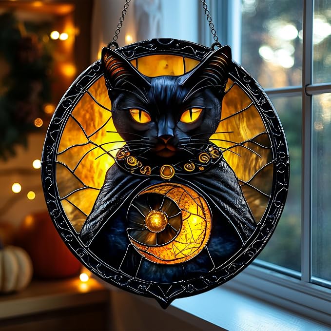 Black Cat & Golden Moon Acrylic Suncatcher by Unknown