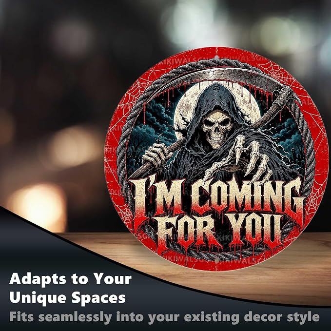 Grim Reaper Halloween Metal Tin Sign Round Wall Decor Blood Moon Scythe Gothic - Image 6