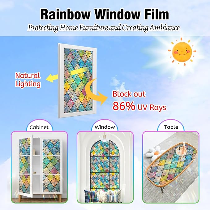 QHY Sunshine Colorful Rainbow Stained Glass Window Film Non-Adhesive Window - Image 3