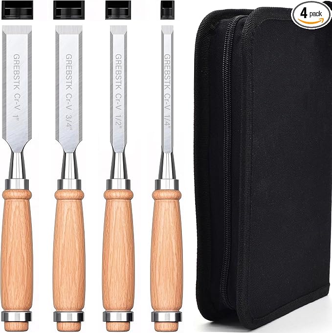 GREBSTK 4-Piece Ultra-Sharp Wood Chisel Set, CR-V Steel Beveled Blades by GREBSTK