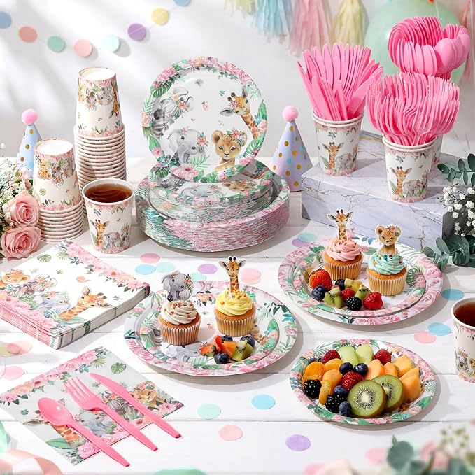 Pickmesh 400 Pcs Safari Birthday Party Supplies Include Pink Green Jungle - Image 6