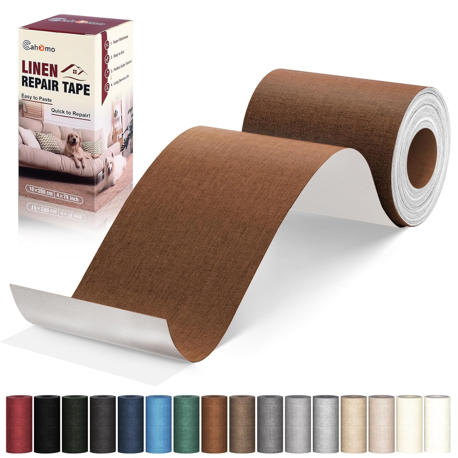 Linen Repair Tape 4x79 inch, Self Adhesive Fabric Patches, Linen Patch Tape Kit, Fabric Repair Tape for Couch Sofas, Headboards, Chairs, Pillows, Curtains, Couches - Brown