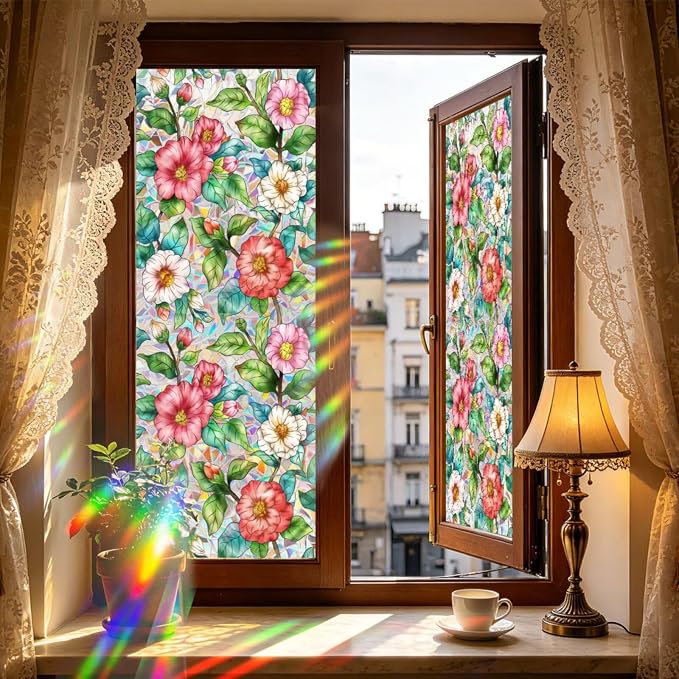 Camellia Window Film Decorative Privacy, Static Cling Stained Glass Film by Unknown