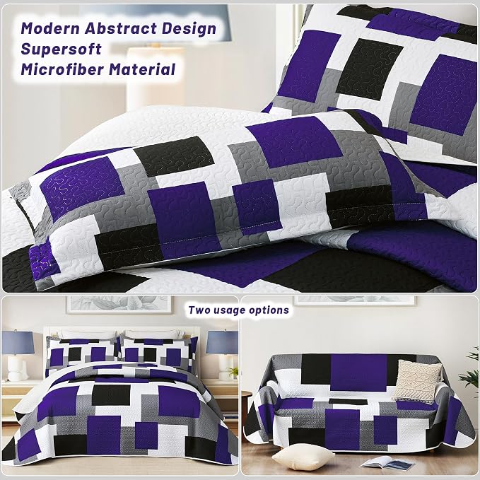 Tyrot 3 Piece Dark Purple Grey Quilt Set California King Size Black White - Image 3