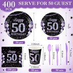 Pickmesh 400 Pcs 50th Birthday Party Supplies Purple Black Happy 50th Birthday - Image 2