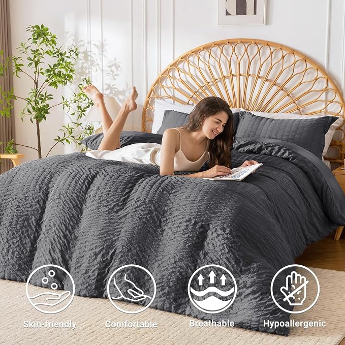 HYMOKEGE Dark Grey Duvet Cover Queen Size, Ultra Soft 3-Piece Seersucker Duvet - Image 2