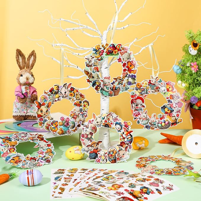 Hollowfly 48 Sets Vintage Wreath Craft Kits DIY Bunny & Chick Paper Crafts Make - Image 5
