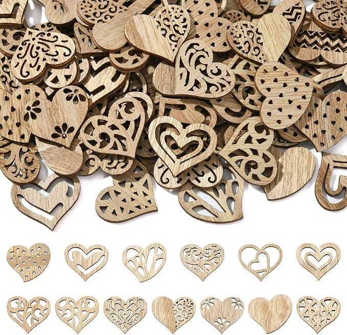 LiQunSweet 200 pcs Mixed Styles Hollow Heart Undyed Wood Cutout Sweet Love Wood by LiQunSweet